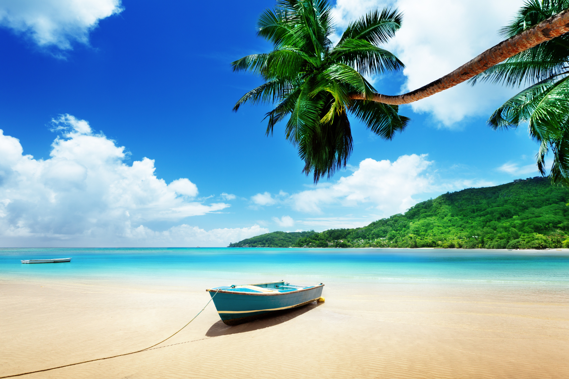 A boat on the beach under a plam tree in The Seychelles