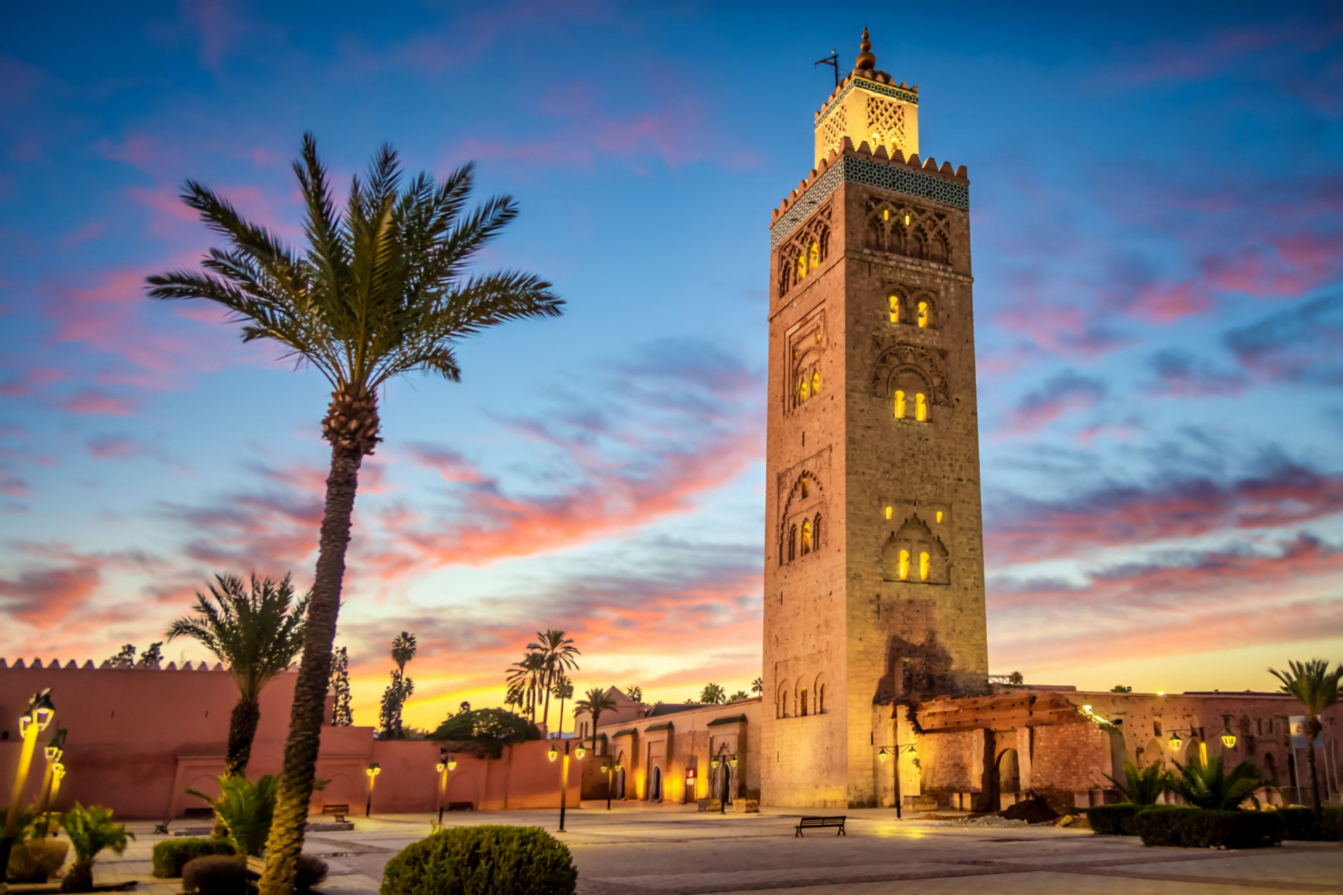 A tower and palm tree in central Marrakech