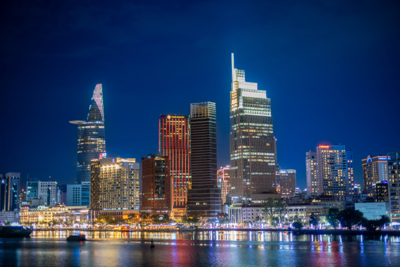 amazing view of urban city with luminous skyscrape
