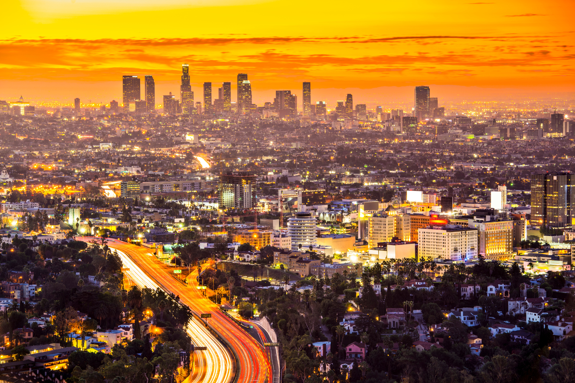 An aerial view of a sunset sky over Los Angeles