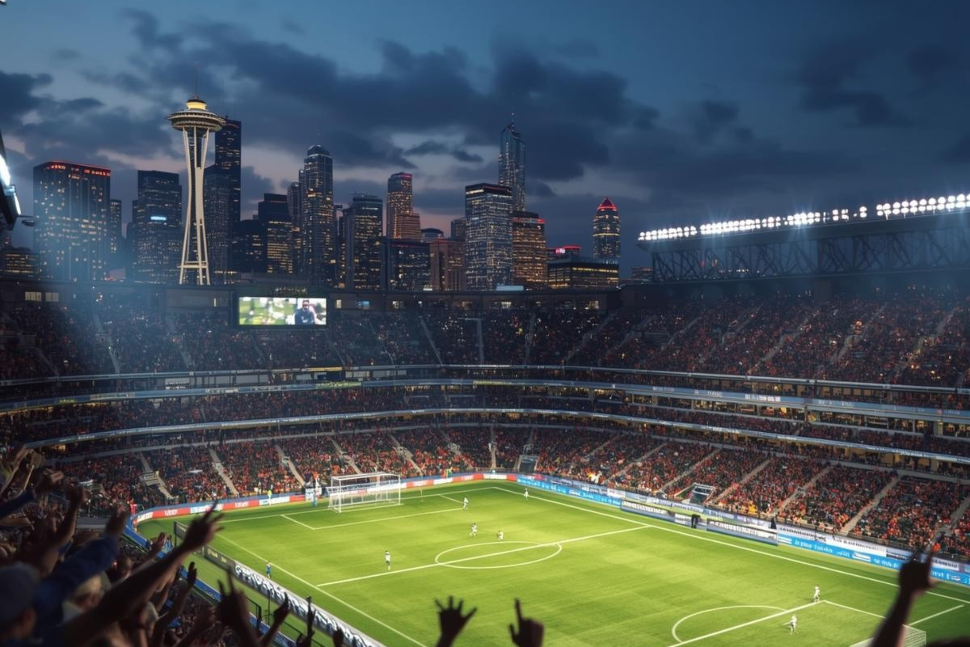An artists image of Seattle skyline over a world cup football game 2026